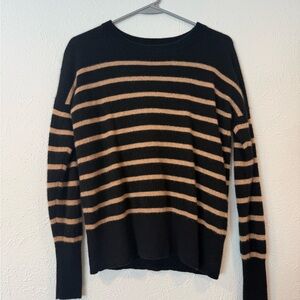 Tahari 2-ply 100% Cashmere Black and Tan Striped Crewneck Sweater
